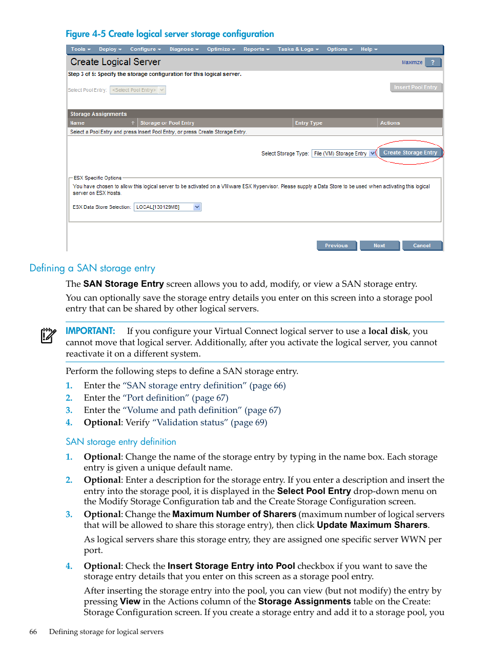 Defining a san storage entry, San storage entry definition, Create logical server storage configuration | HP Matrix Operating Environment Software User Manual | Page 66 / 104