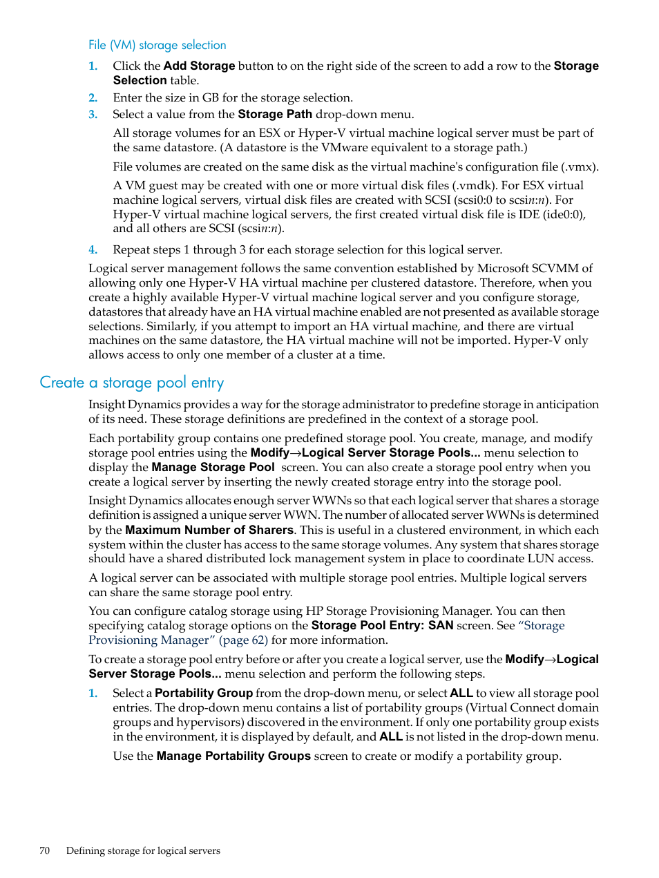 File (vm) storage selection, Create a storage pool entry | HP Matrix Operating Environment Software User Manual | Page 70 / 104