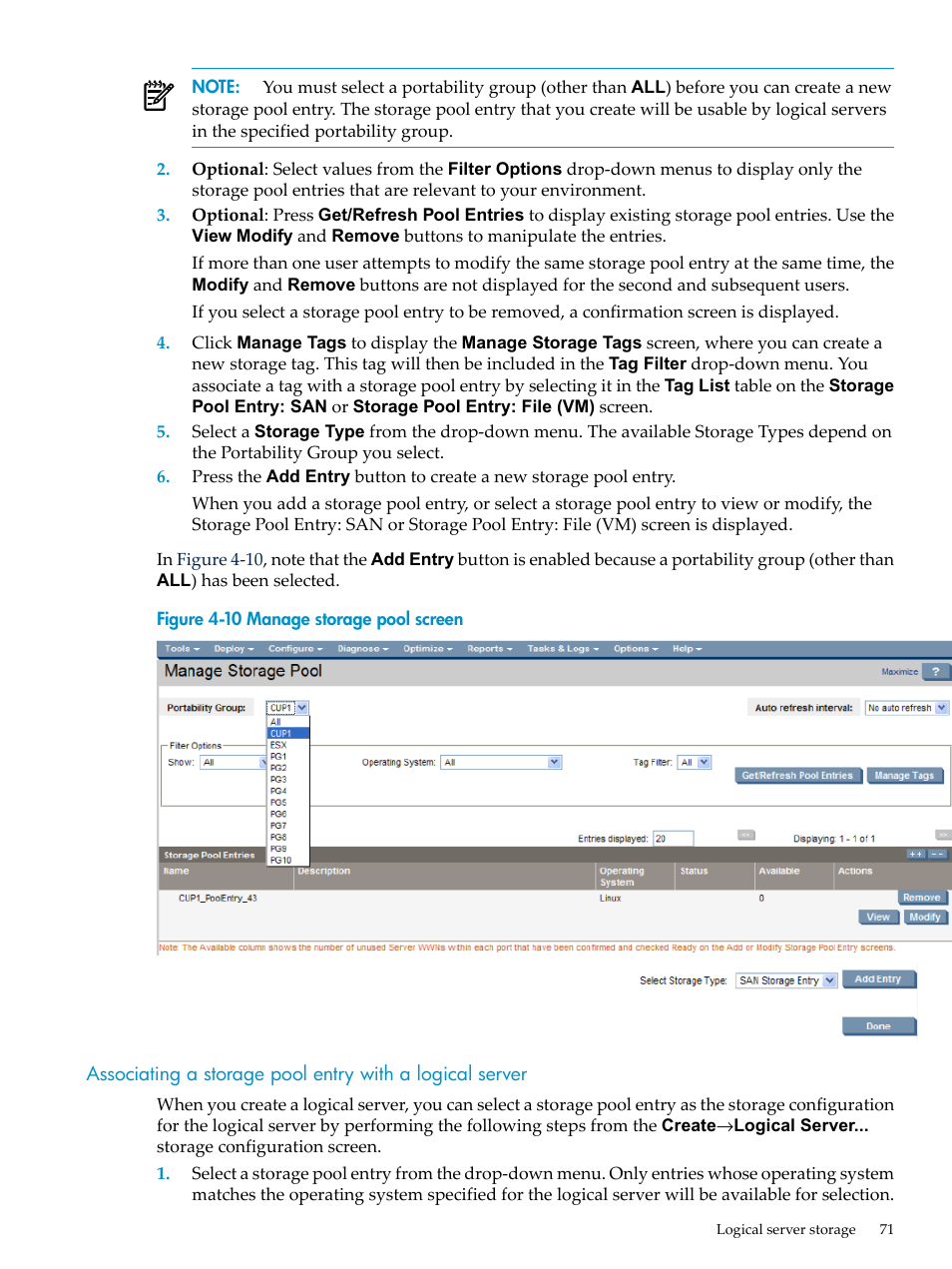 Manage storage pool screen | HP Matrix Operating Environment Software User Manual | Page 71 / 104