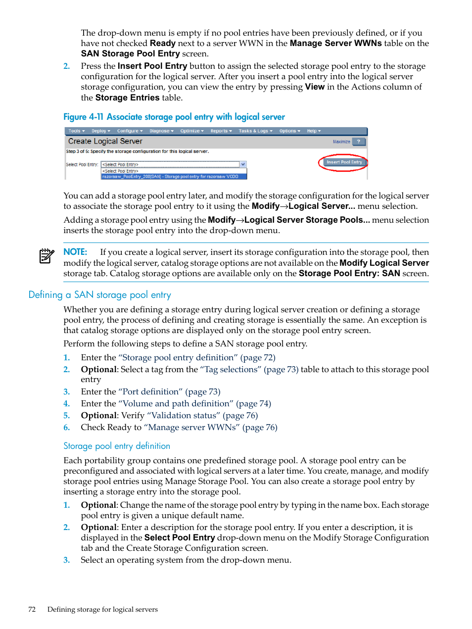 Defining a san storage pool entry, Storage pool entry definition, Associate storage pool entry with logical server | HP Matrix Operating Environment Software User Manual | Page 72 / 104