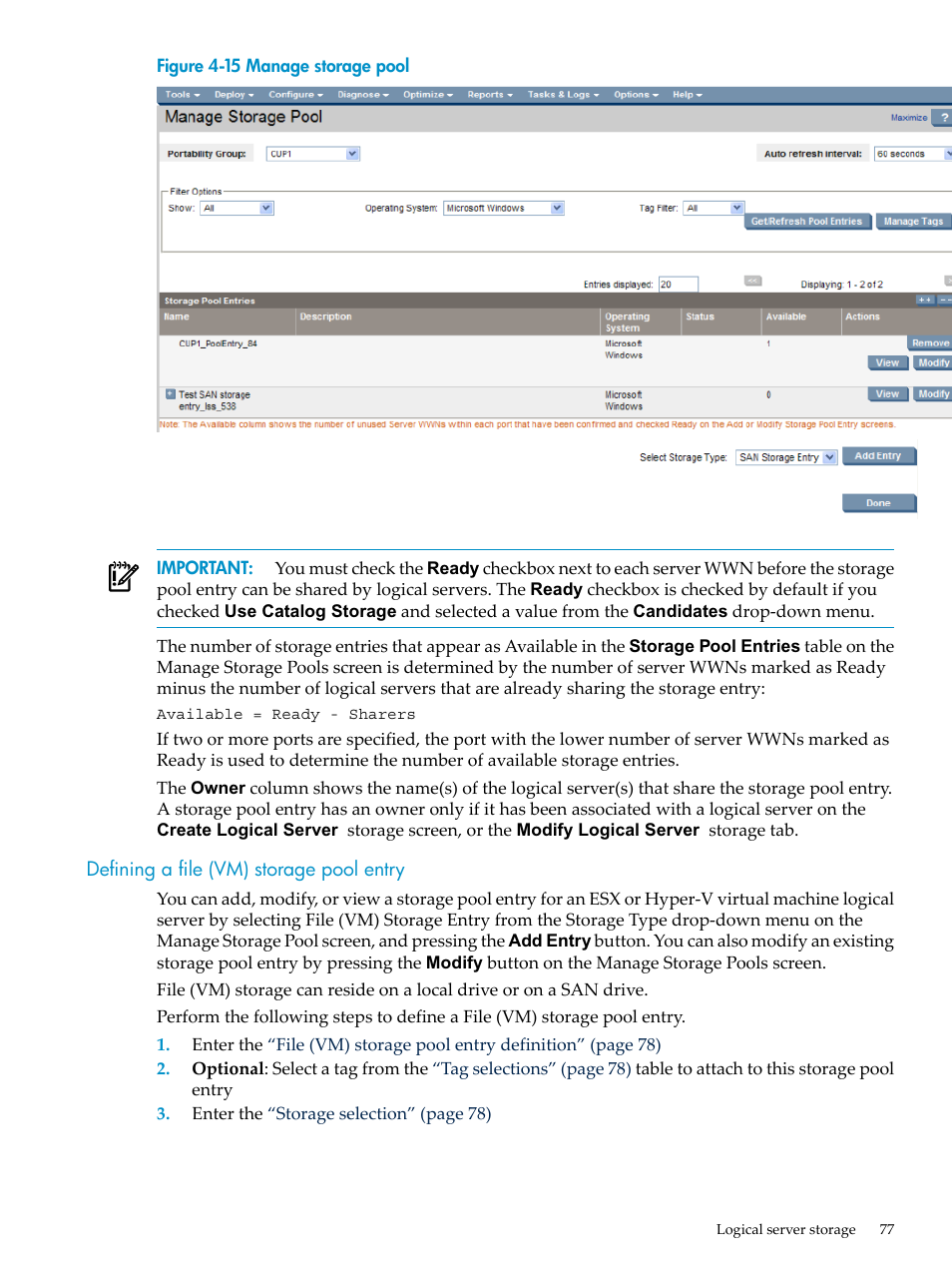 Defining a file (vm) storage pool entry, Manage storage pool | HP Matrix Operating Environment Software User Manual | Page 77 / 104