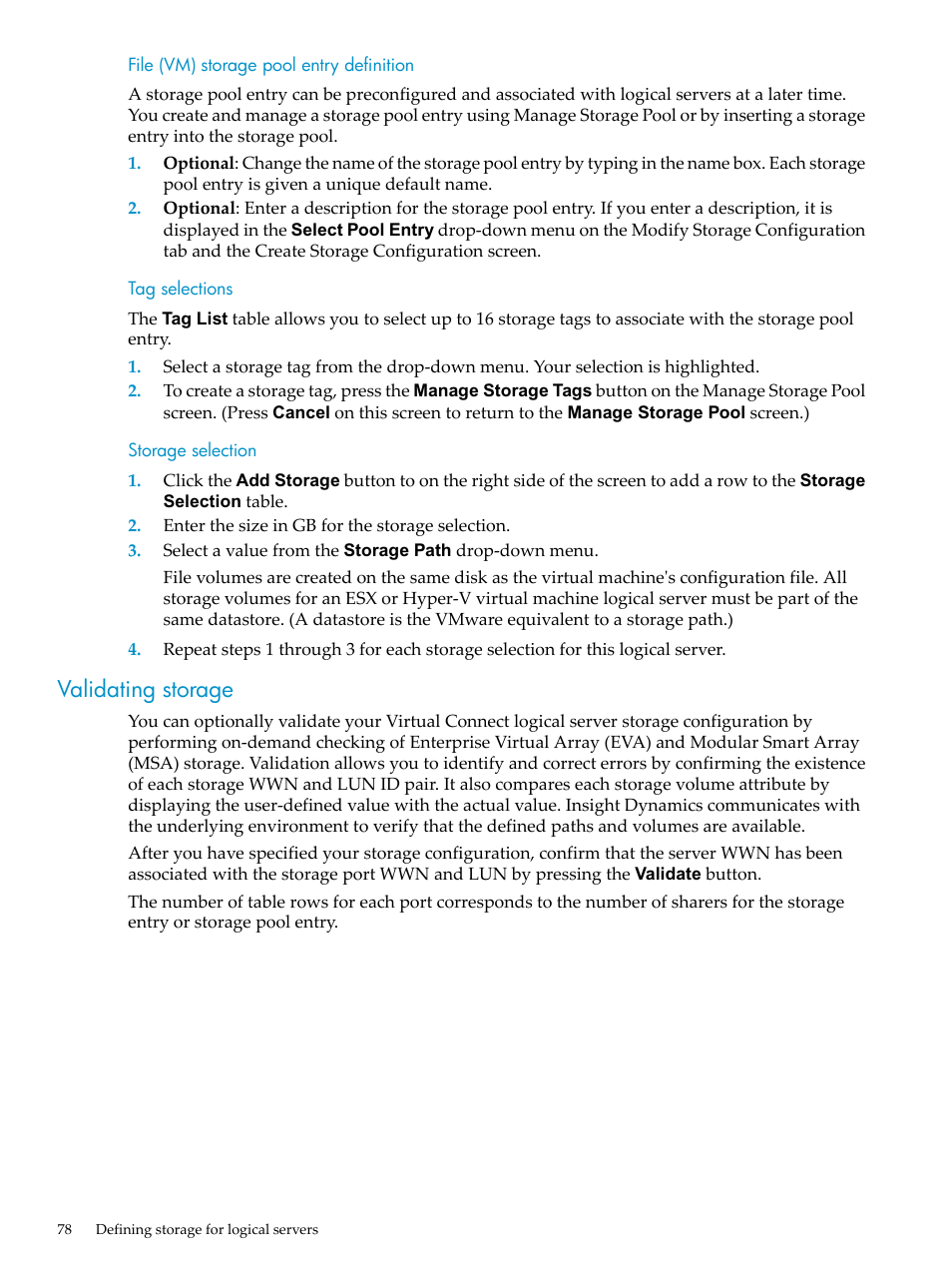 File (vm) storage pool entry definition, Tag selections, Storage selection | Validating storage | HP Matrix Operating Environment Software User Manual | Page 78 / 104