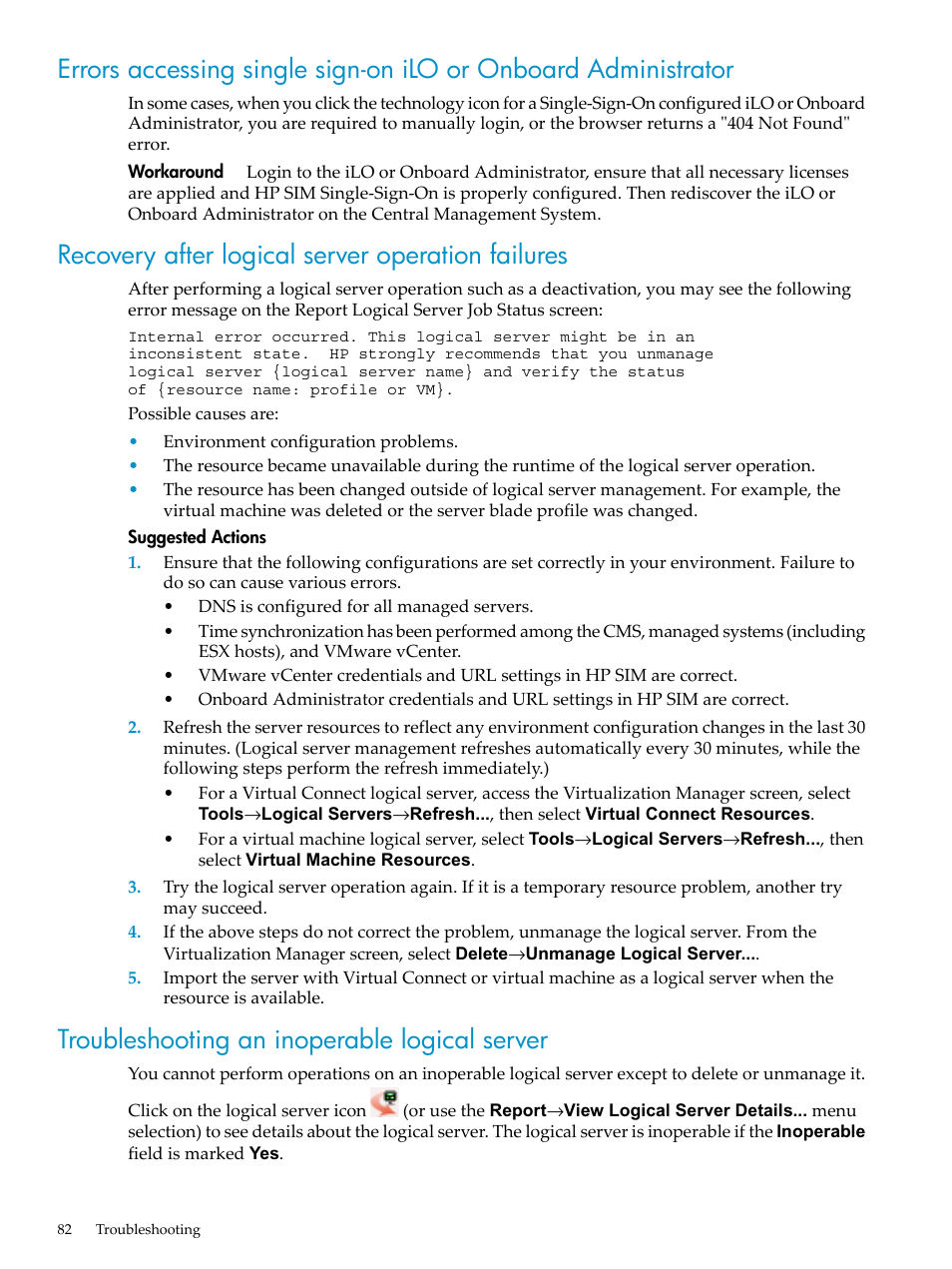 Recovery after logical server operation failures, Troubleshooting an inoperable logical server | HP Matrix Operating Environment Software User Manual | Page 82 / 104