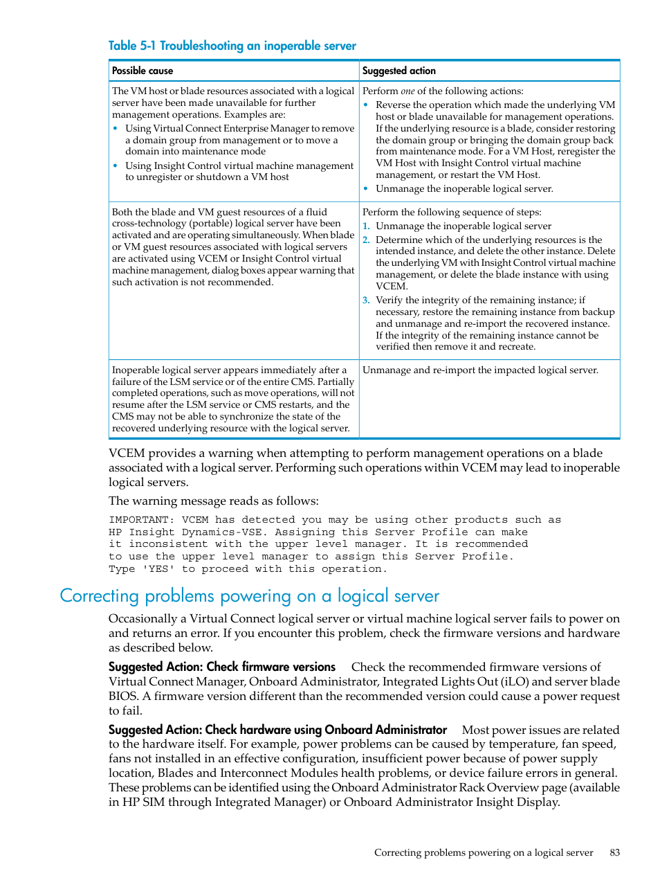 Correcting problems powering on a logical server, Troubleshooting an inoperable server | HP Matrix Operating Environment Software User Manual | Page 83 / 104