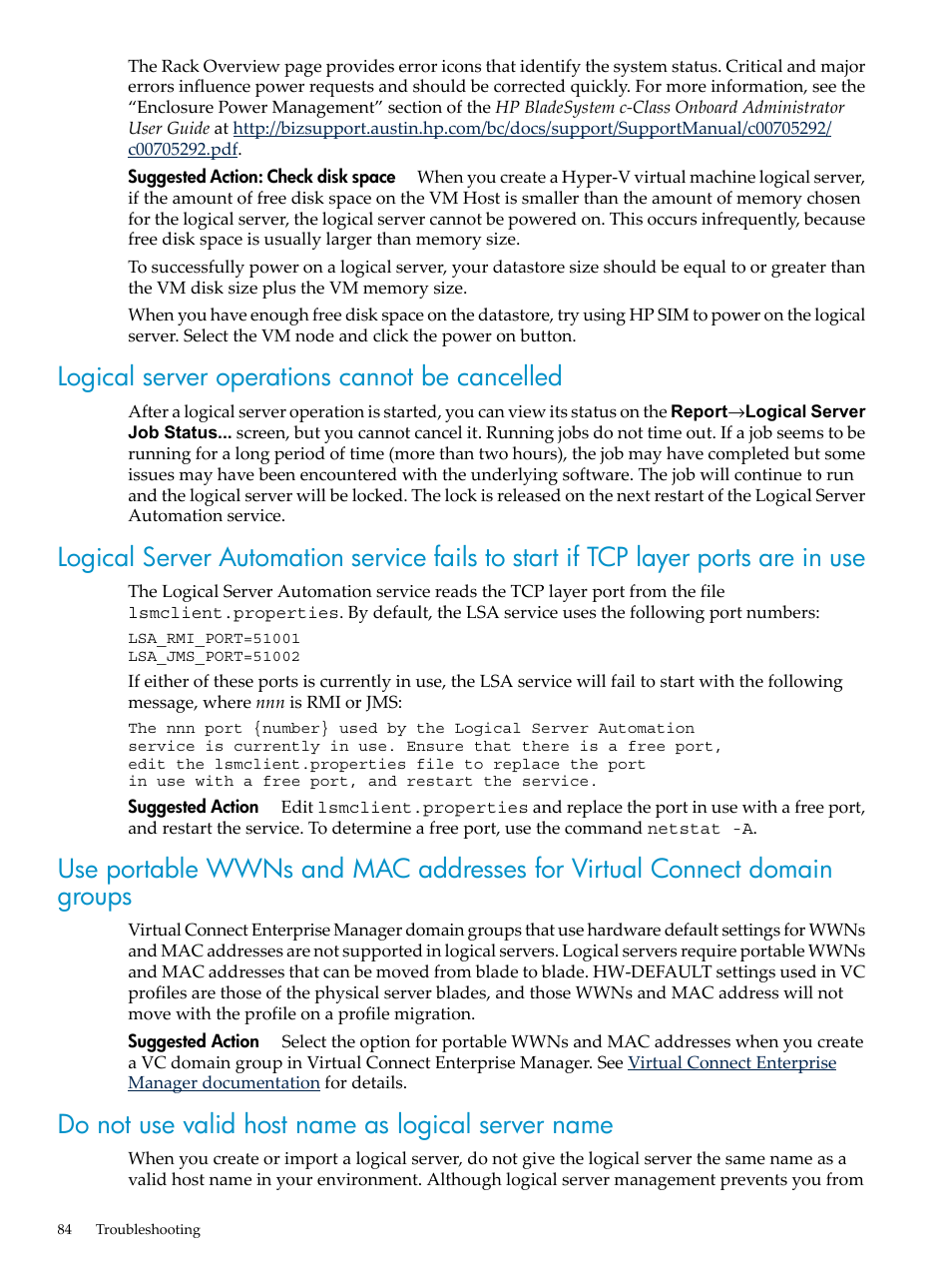 Logical server operations cannot be cancelled, Do not use valid host name as logical server name | HP Matrix Operating Environment Software User Manual | Page 84 / 104