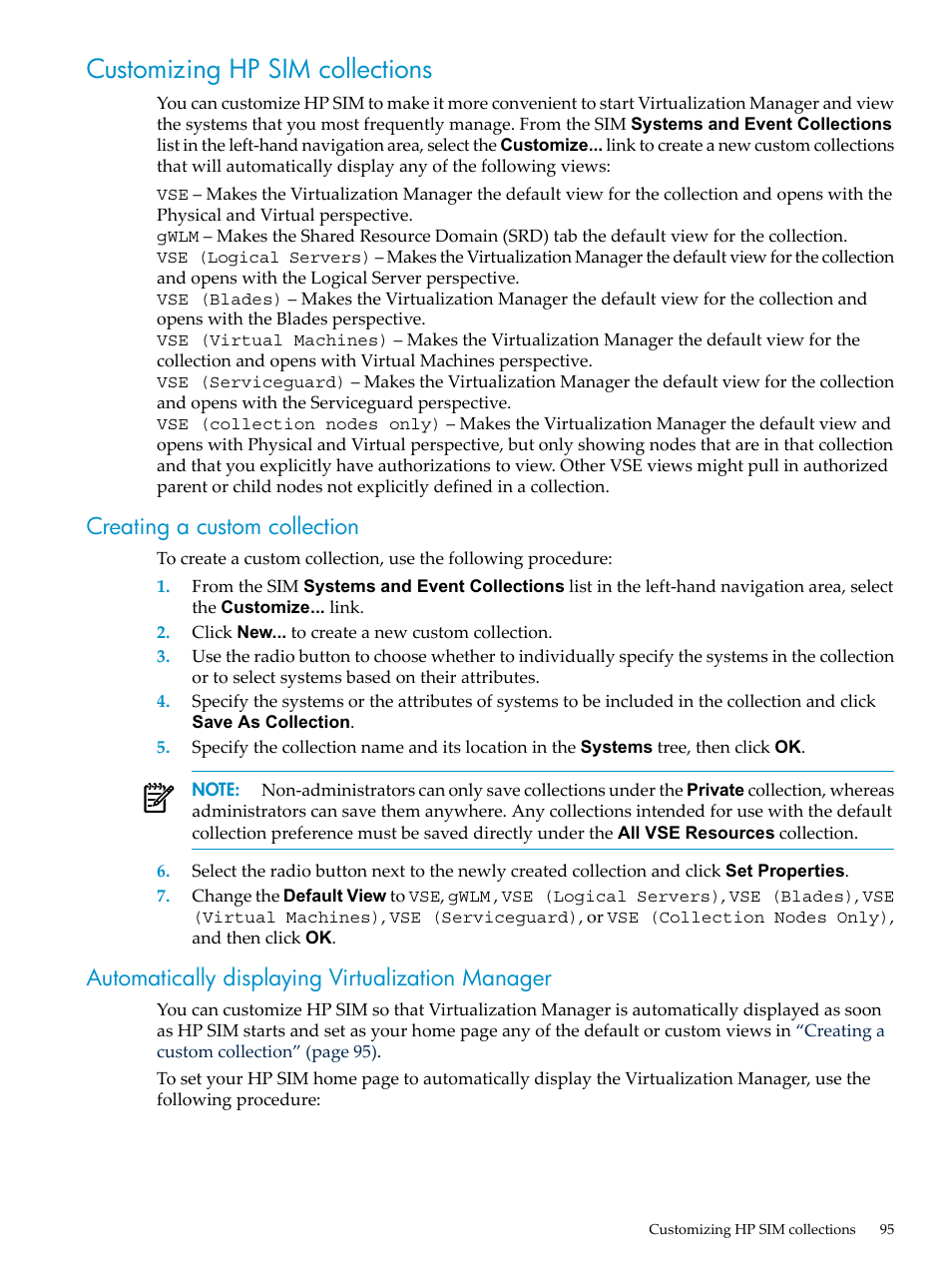 Customizing hp sim collections, Creating a custom collection, Automatically displaying virtualization manager | Customizing | HP Matrix Operating Environment Software User Manual | Page 95 / 104