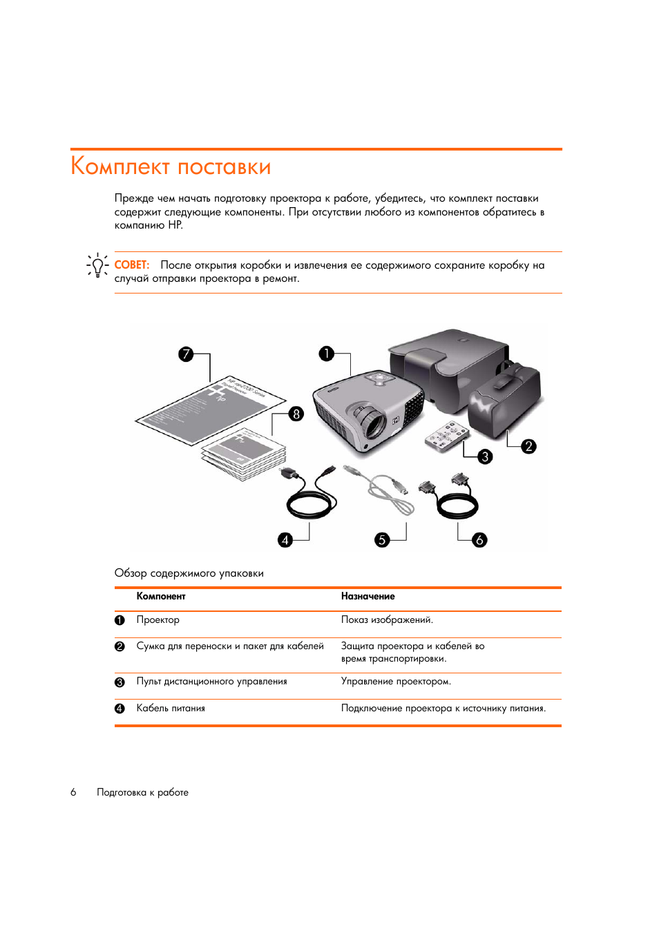 Комплект поставки | HP Цифровой проектов HP mp2220 User Manual | Page 6 / 66