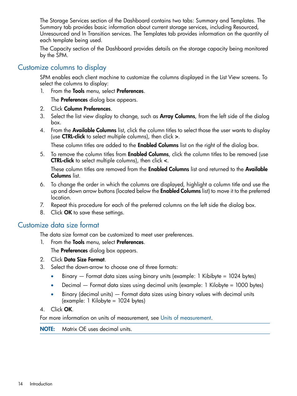 Customize columns to display, Customize data size format | HP Matrix Operating Environment Software User Manual | Page 14 / 107