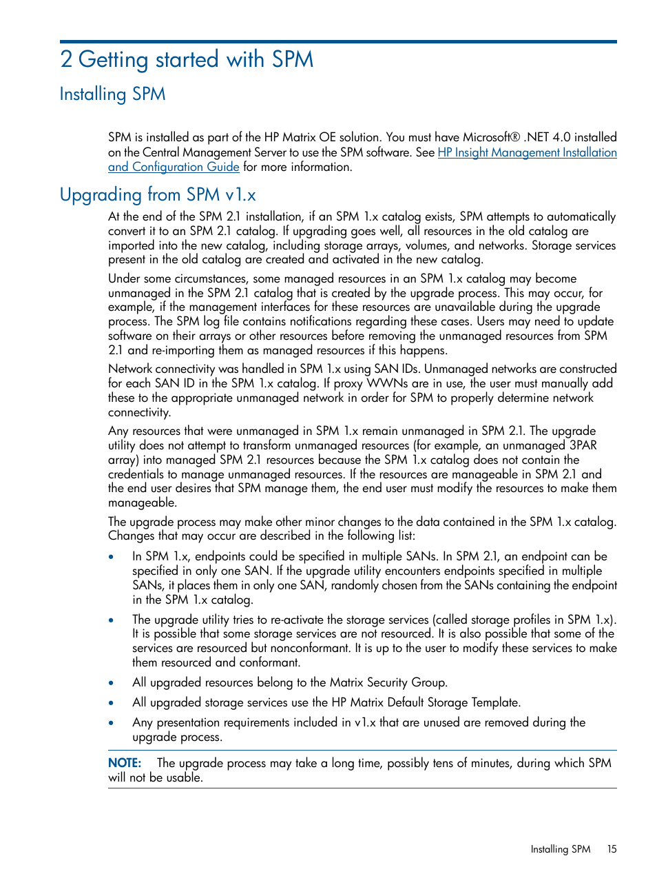 2 getting started with spm, Installing spm, Upgrading from spm v1.x | Installing spm upgrading from spm v1.x | HP Matrix Operating Environment Software User Manual | Page 15 / 107