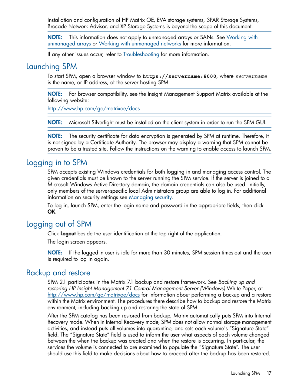 Launching spm, Logging in to spm, Logging out of spm | Backup and restore | HP Matrix Operating Environment Software User Manual | Page 17 / 107