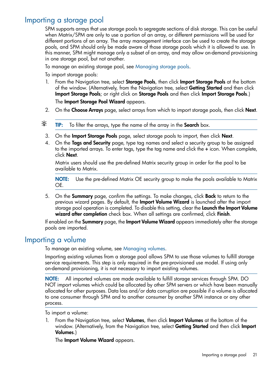 Importing a storage pool, Importing a volume, Importing a storage pool importing a volume | HP Matrix Operating Environment Software User Manual | Page 21 / 107