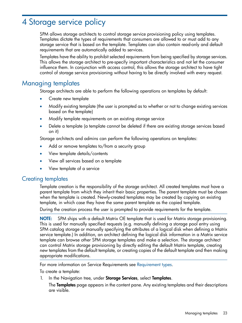 4 storage service policy, Managing templates, Creating templates | HP Matrix Operating Environment Software User Manual | Page 23 / 107