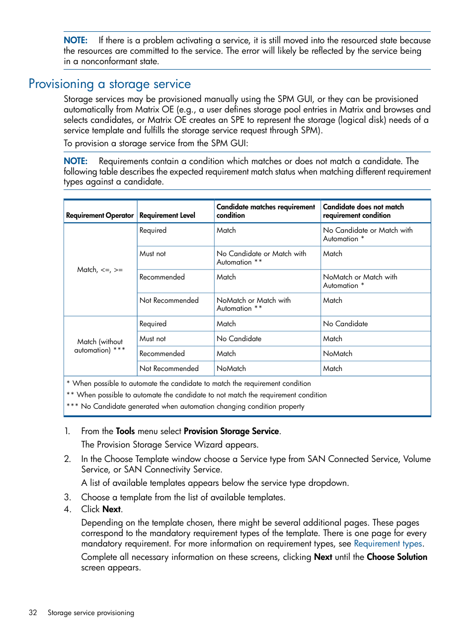 Provisioning a storage service | HP Matrix Operating Environment Software User Manual | Page 32 / 107