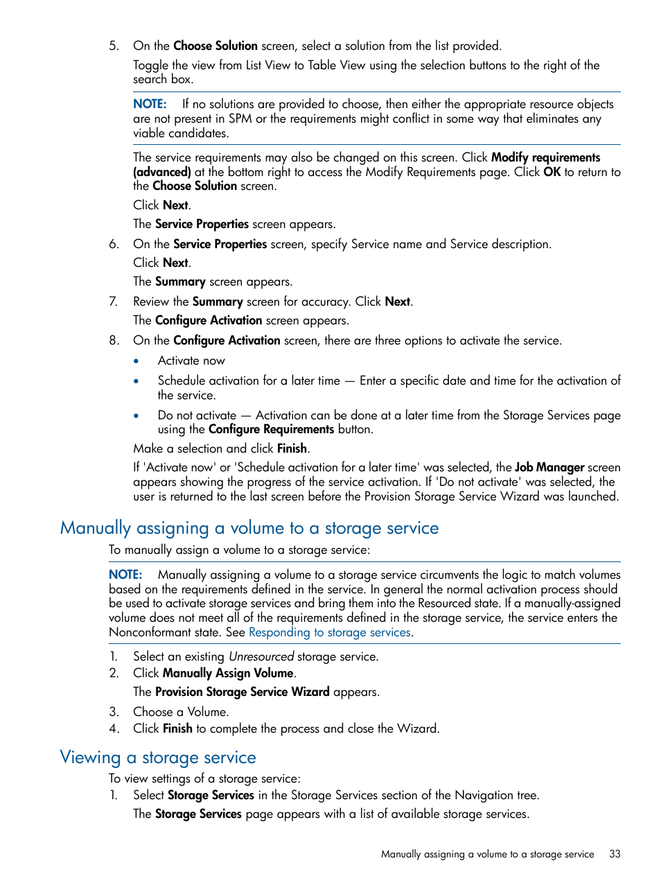 Manually assigning a volume to a storage service, Viewing a storage service | HP Matrix Operating Environment Software User Manual | Page 33 / 107