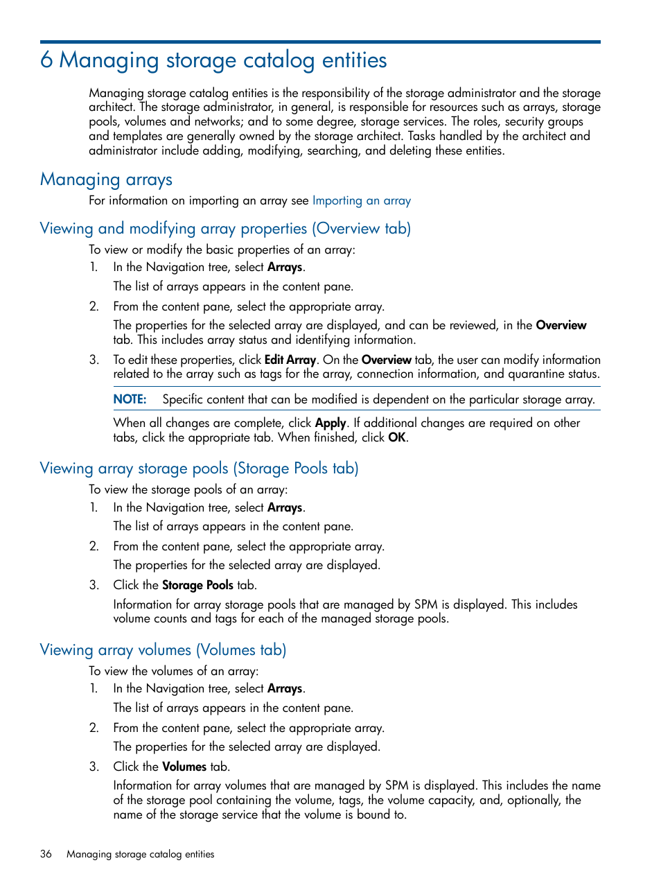 6 managing storage catalog entities, Managing arrays, Viewing array storage pools (storage pools tab) | Viewing array volumes (volumes tab), Managing storage catalog entities | HP Matrix Operating Environment Software User Manual | Page 36 / 107