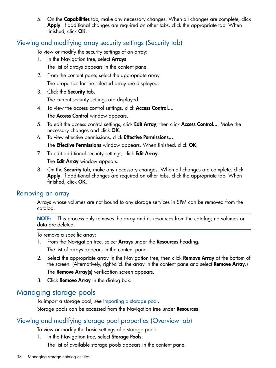 Removing an array, Managing storage pools | HP Matrix Operating Environment Software User Manual | Page 38 / 107