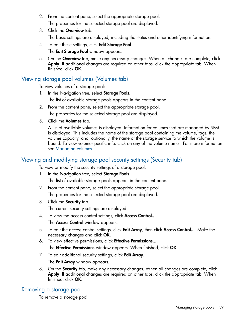 Viewing storage pool volumes (volumes tab), Removing a storage pool | HP Matrix Operating Environment Software User Manual | Page 39 / 107