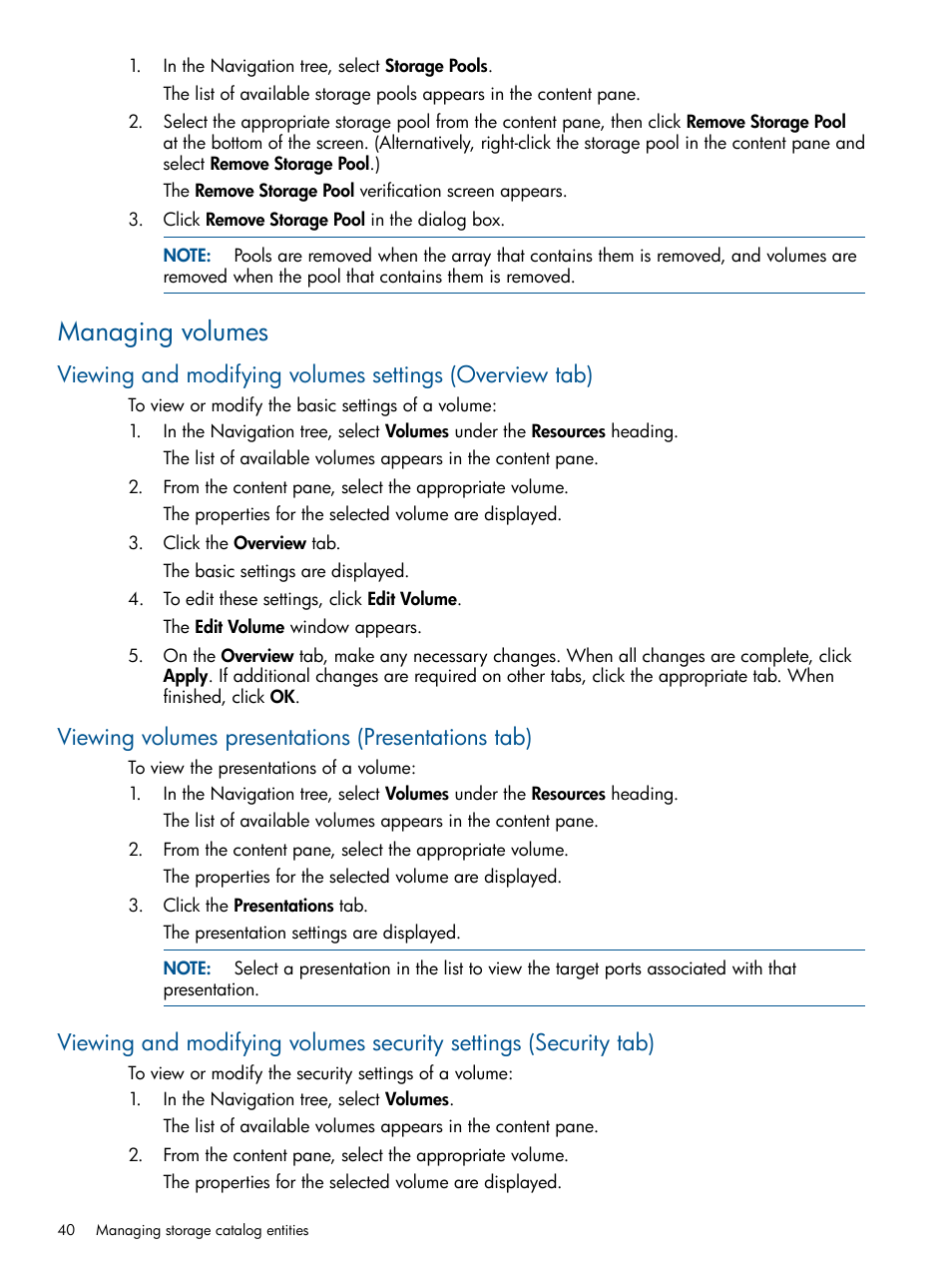 Managing volumes, Viewing volumes presentations (presentations tab) | HP Matrix Operating Environment Software User Manual | Page 40 / 107