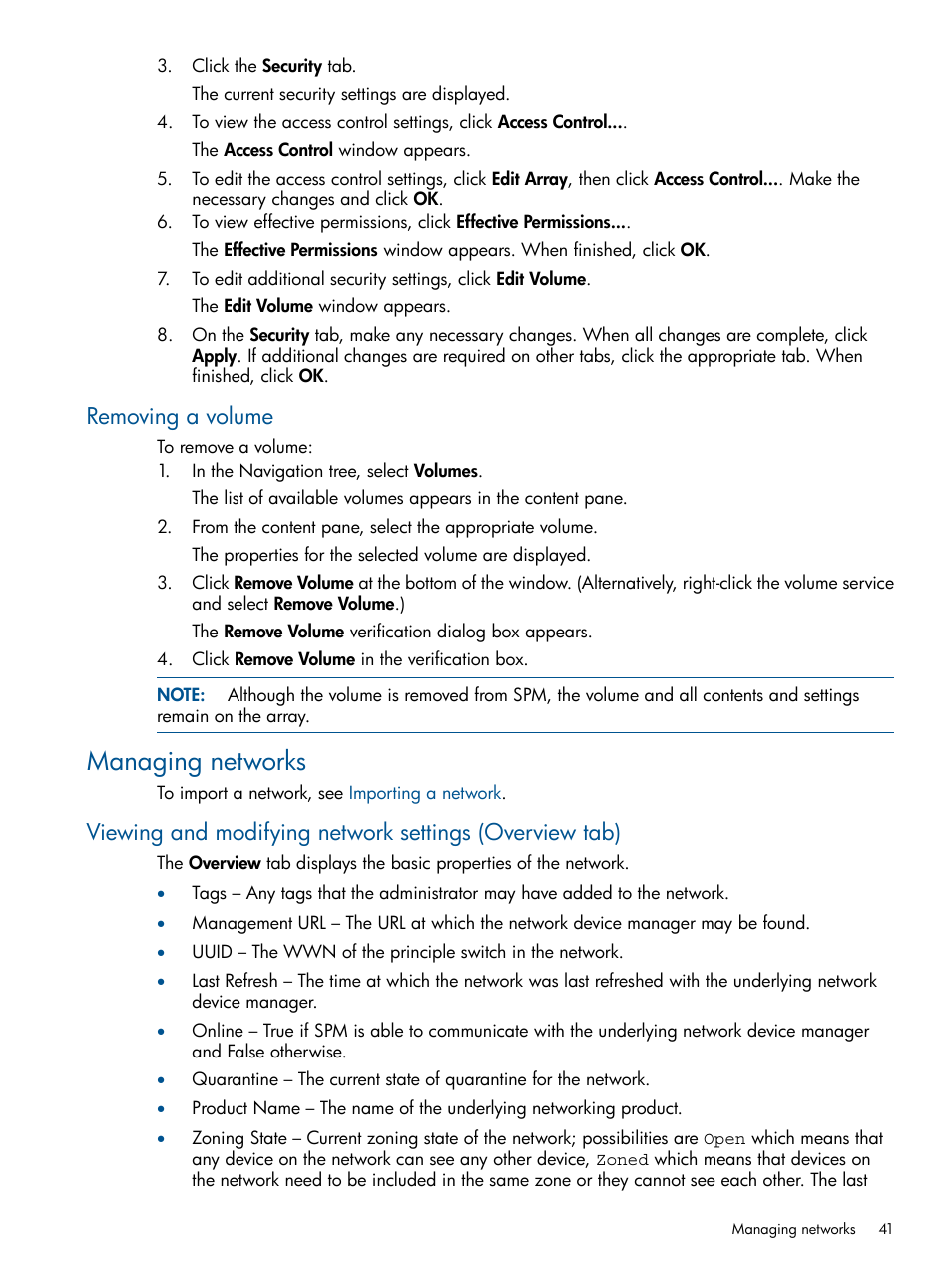 Removing a volume, Managing networks | HP Matrix Operating Environment Software User Manual | Page 41 / 107