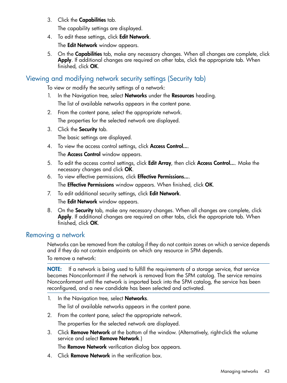 Removing a network | HP Matrix Operating Environment Software User Manual | Page 43 / 107