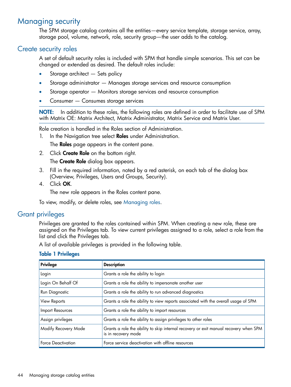 Managing security, Create security roles, Grant privileges | Create security roles grant privileges | HP Matrix Operating Environment Software User Manual | Page 44 / 107