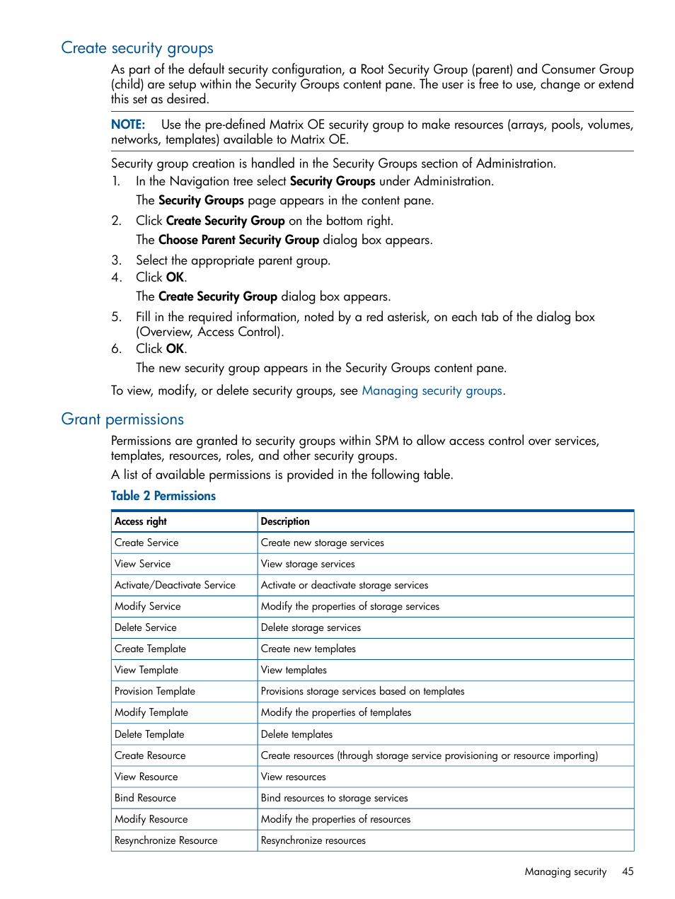 Create security groups, Grant permissions, Create security groups grant permissions | HP Matrix Operating Environment Software User Manual | Page 45 / 107