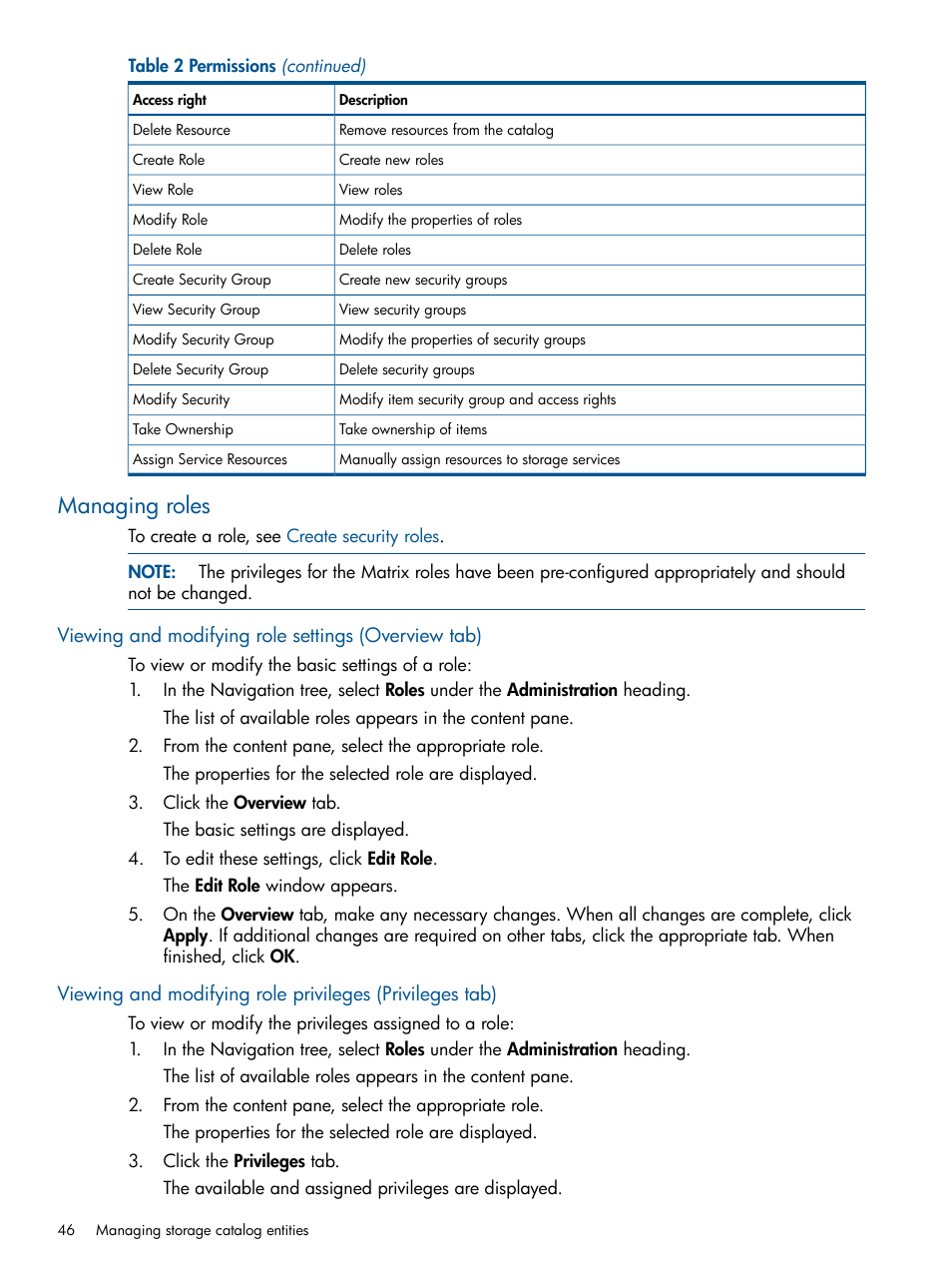 Managing roles, Viewing and modifying role settings (overview tab) | HP Matrix Operating Environment Software User Manual | Page 46 / 107