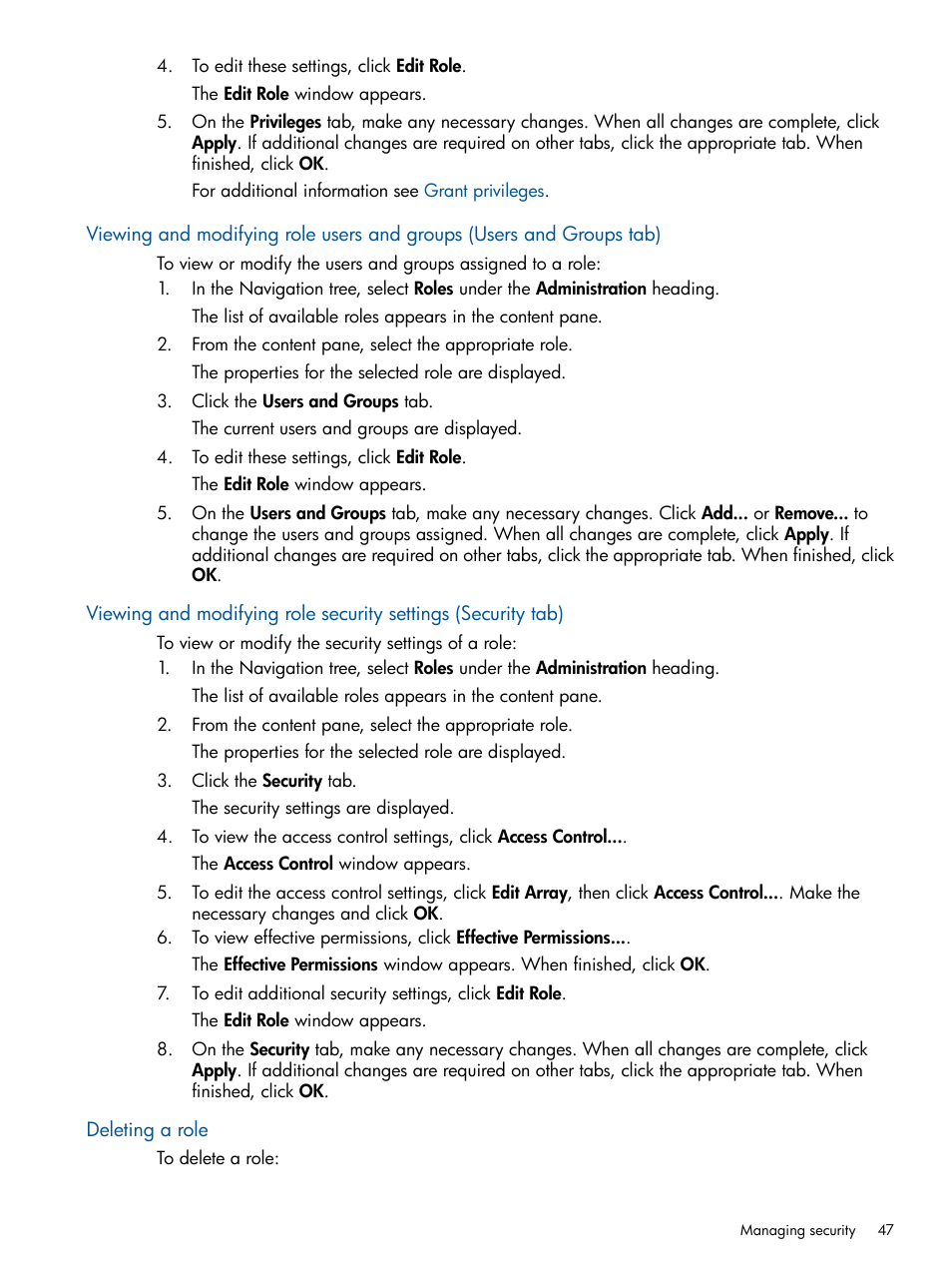 Deleting a role | HP Matrix Operating Environment Software User Manual | Page 47 / 107