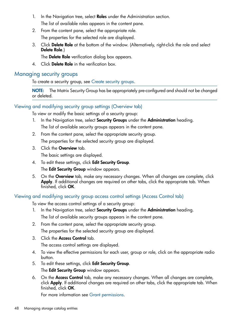 Managing security groups | HP Matrix Operating Environment Software User Manual | Page 48 / 107