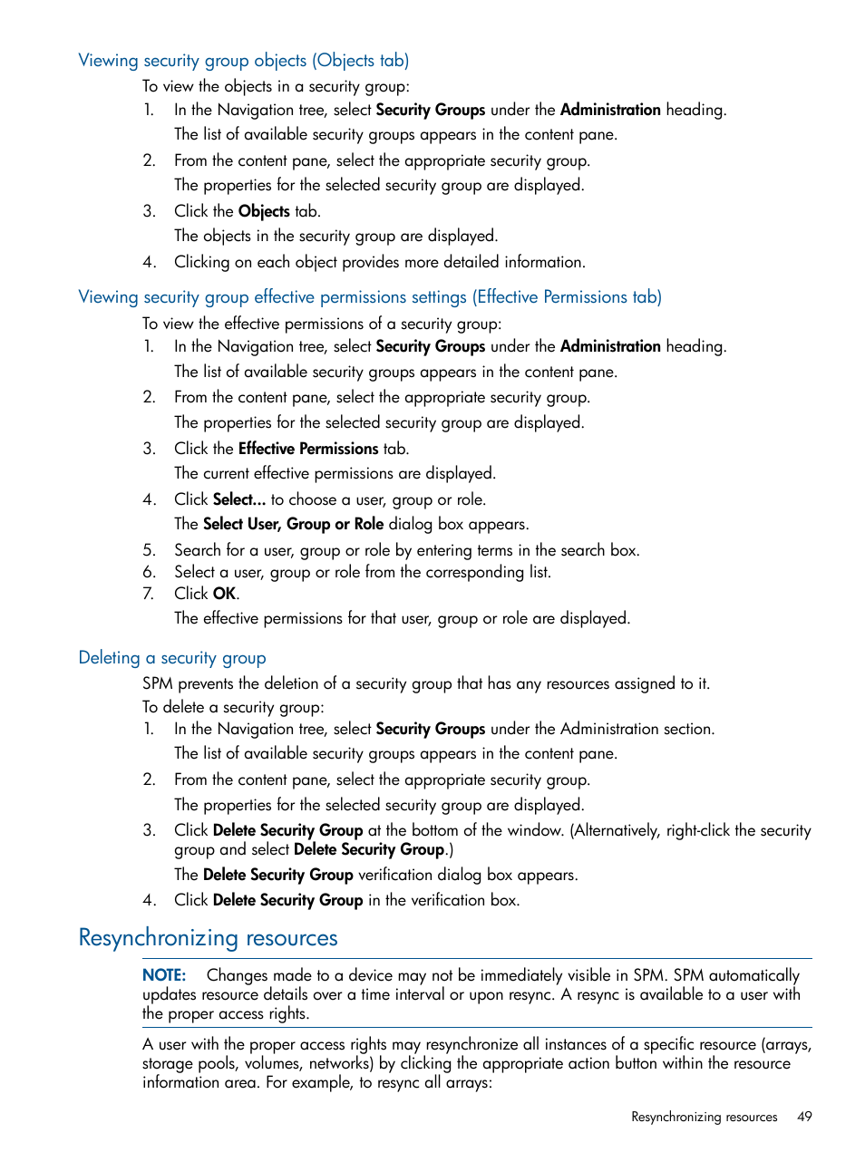 Viewing security group objects (objects tab), Deleting a security group, Resynchronizing resources | HP Matrix Operating Environment Software User Manual | Page 49 / 107