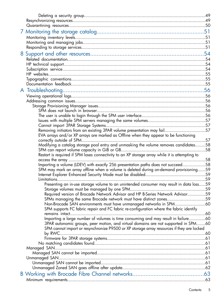 7 monitoring the storage catalog, 8 support and other resources, A troubleshooting | B working with brocade fibre channel networks | HP Matrix Operating Environment Software User Manual | Page 5 / 107