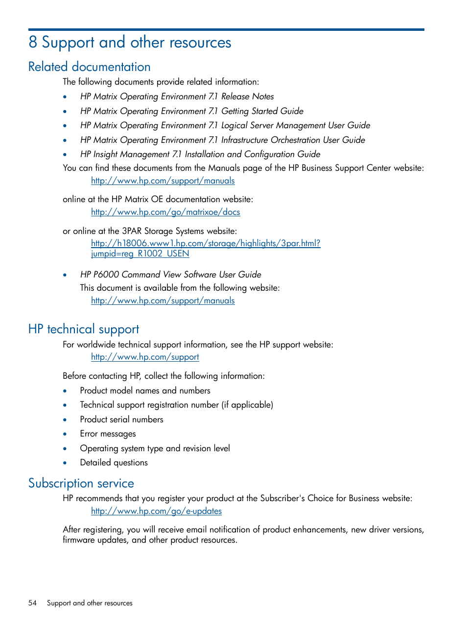 8 support and other resources, Related documentation, Hp technical support | Subscription service | HP Matrix Operating Environment Software User Manual | Page 54 / 107