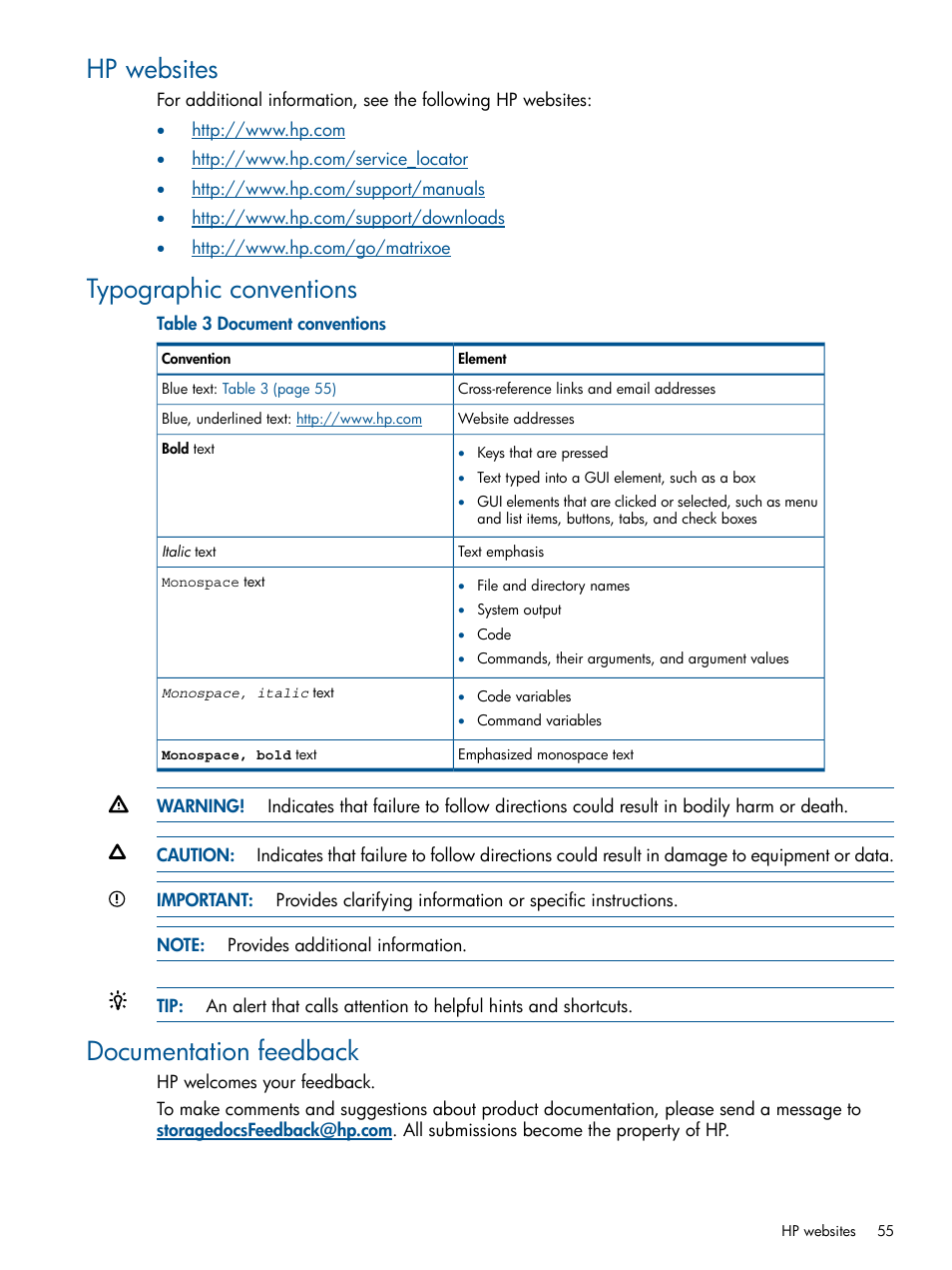 Hp websites, Typographic conventions, Documentation feedback | HP Matrix Operating Environment Software User Manual | Page 55 / 107