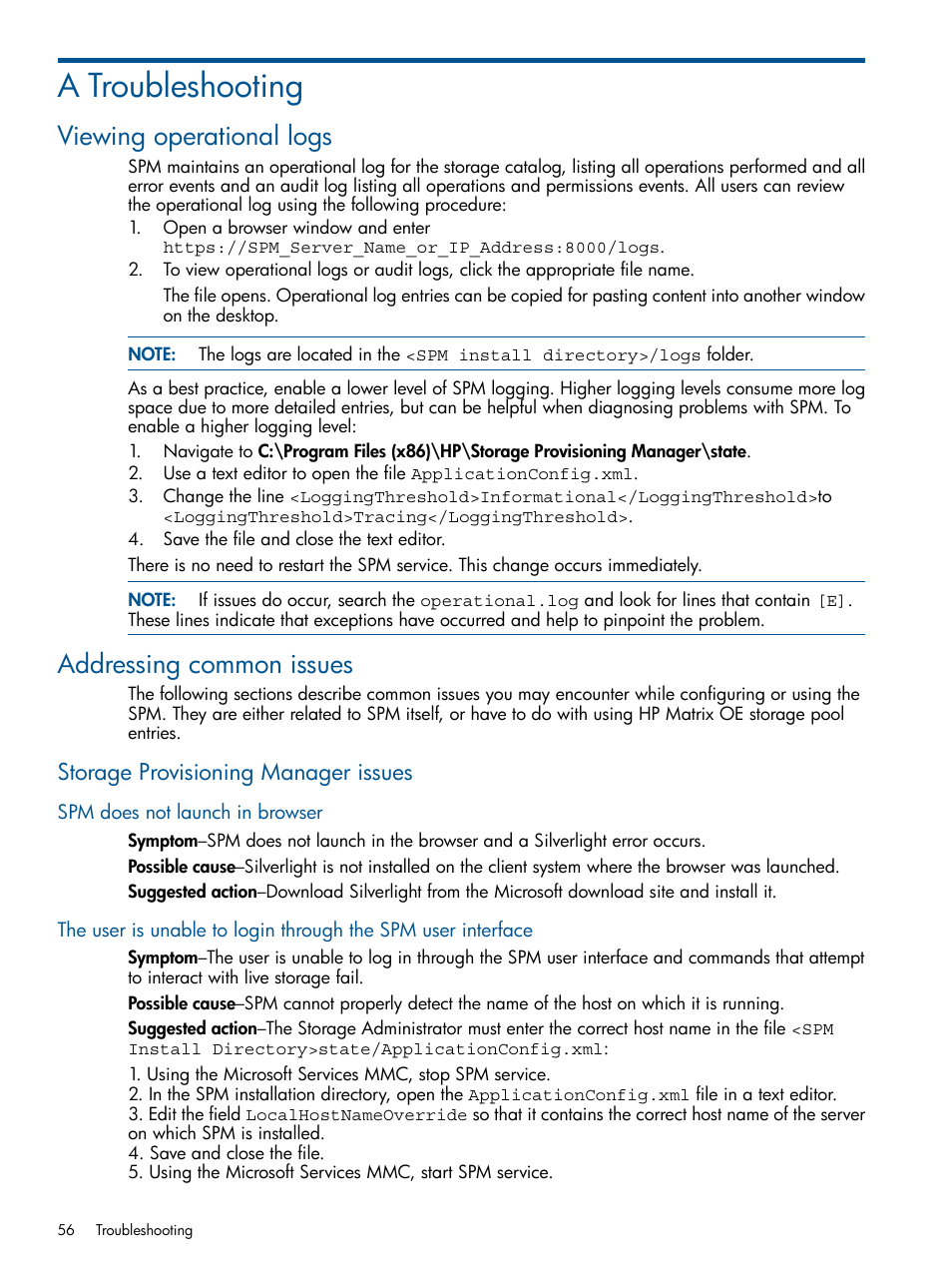 A troubleshooting, Viewing operational logs, Addressing common issues | Storage provisioning manager issues, Spm does not launch in browser, Viewing operational logs addressing common issues, Troubleshooting | HP Matrix Operating Environment Software User Manual | Page 56 / 107