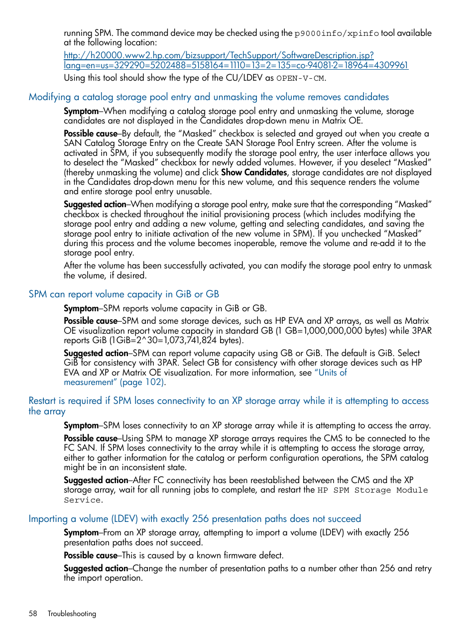 Spm can report volume capacity in gib or gb | HP Matrix Operating Environment Software User Manual | Page 58 / 107