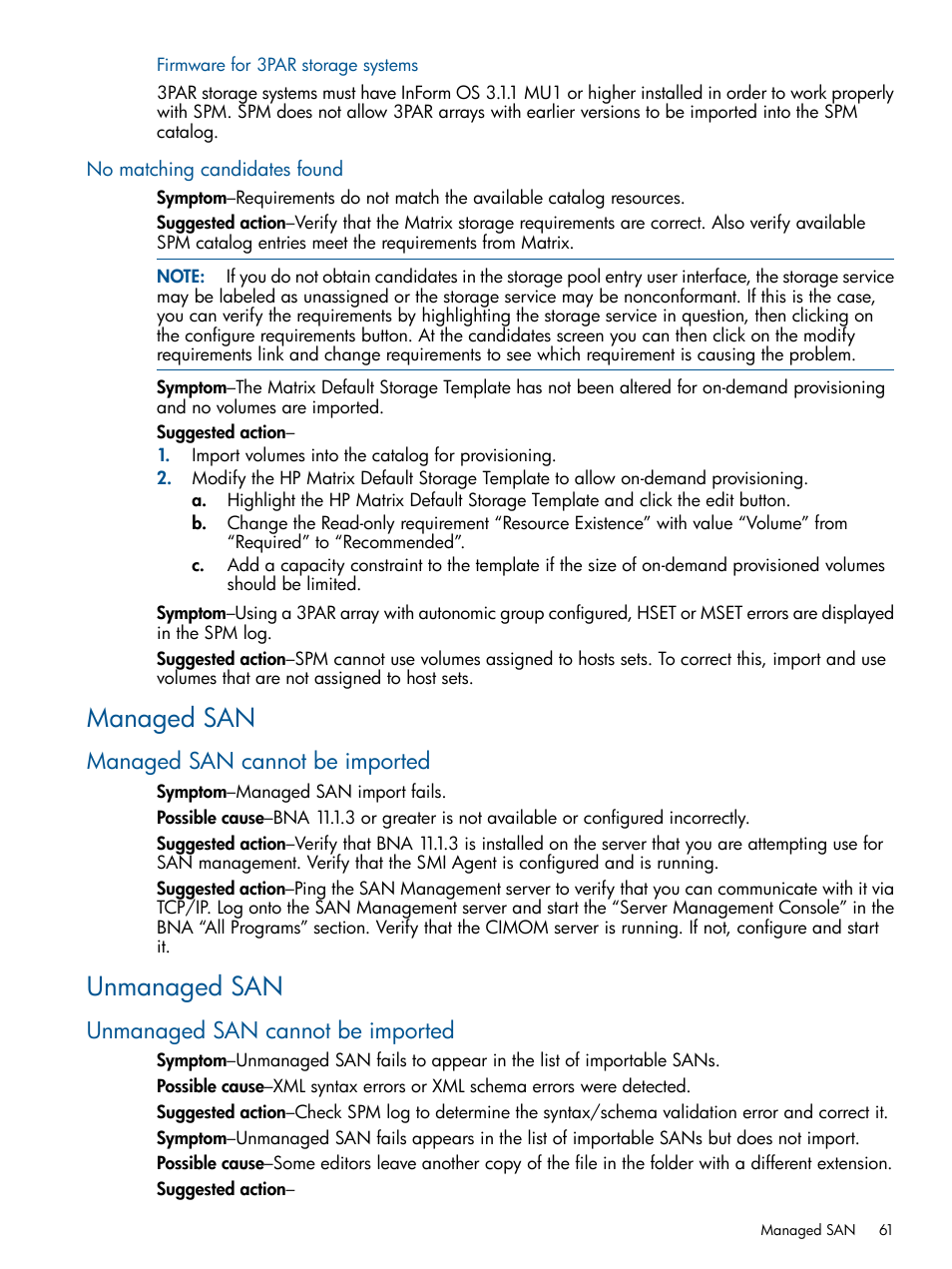 Firmware for 3par storage systems, No matching candidates found, Managed san | Managed san cannot be imported, Unmanaged san, Unmanaged san cannot be imported | HP Matrix Operating Environment Software User Manual | Page 61 / 107