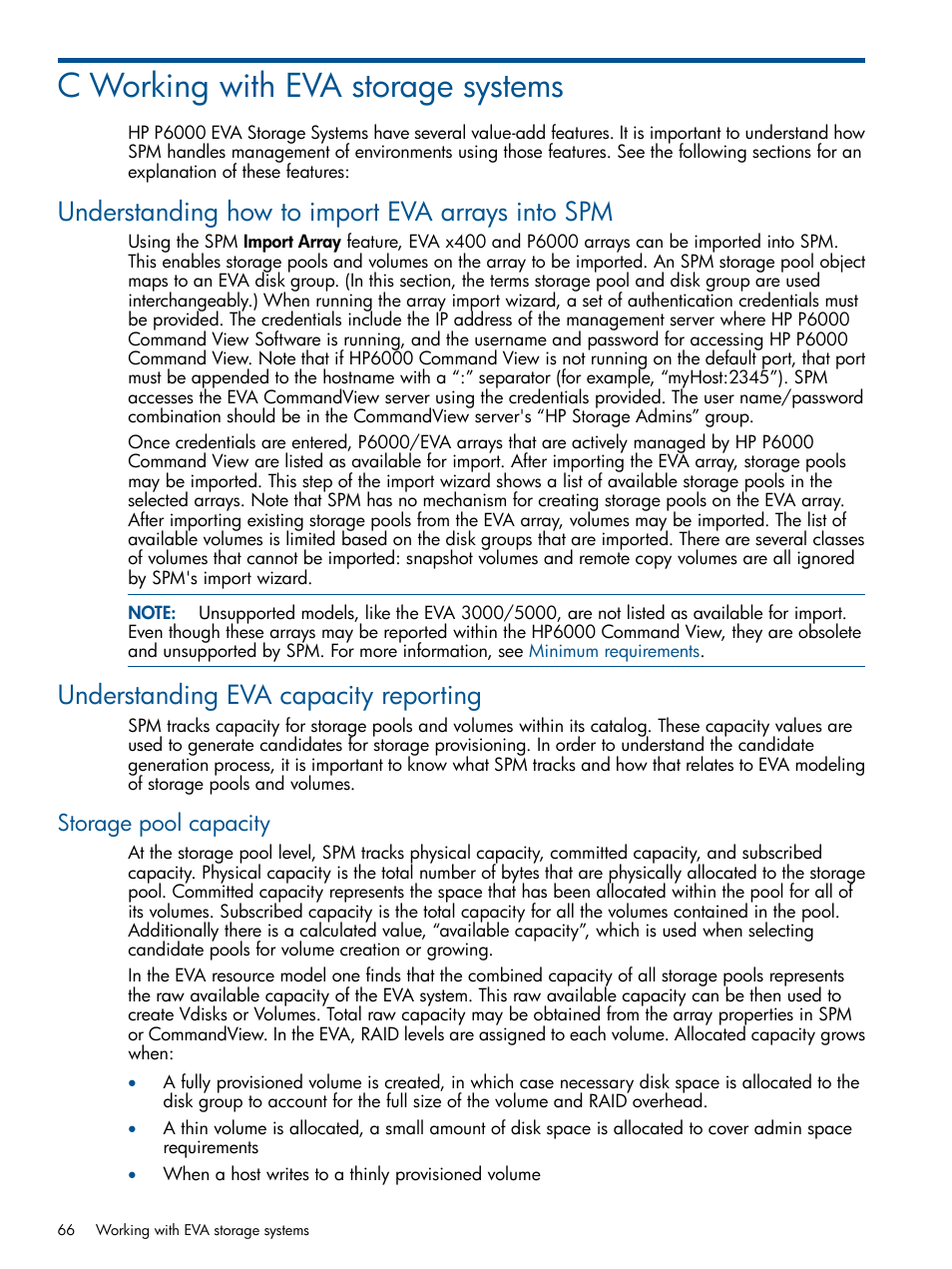 C working with eva storage systems, Understanding how to import eva arrays into spm, Understanding eva capacity reporting | Storage pool capacity, Working with eva storage systems | HP Matrix Operating Environment Software User Manual | Page 66 / 107