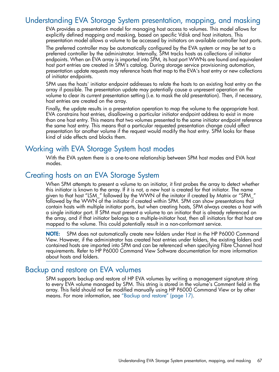 Working with eva storage system host modes, Creating hosts on an eva storage system, Backup and restore on eva volumes | HP Matrix Operating Environment Software User Manual | Page 67 / 107