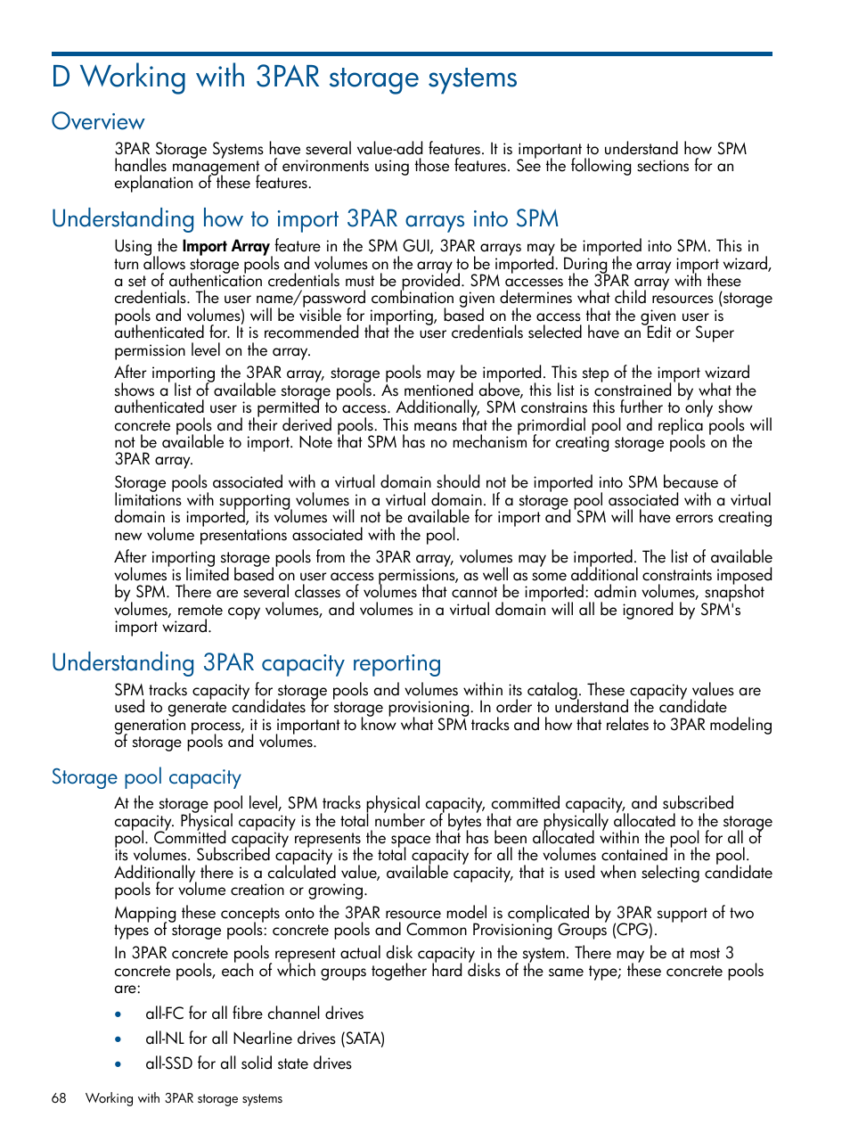 D working with 3par storage systems, Overview, Understanding how to import 3par arrays into spm | Understanding 3par capacity reporting, Storage pool capacity, Working with 3par storage systems | HP Matrix Operating Environment Software User Manual | Page 68 / 107