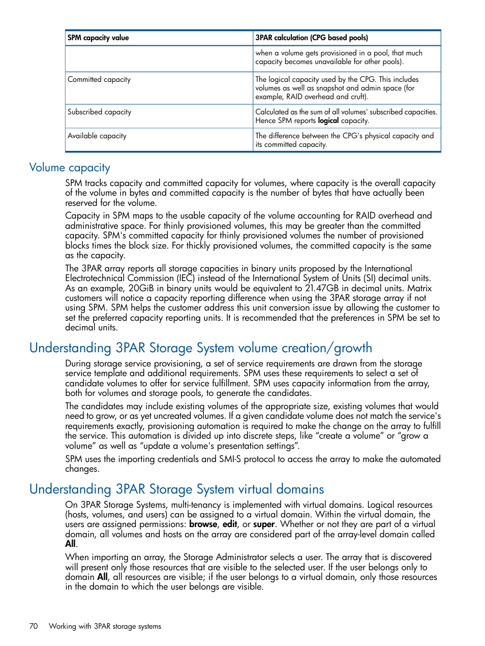 Volume capacity, Understanding 3par storage system virtual domains | HP Matrix Operating Environment Software User Manual | Page 70 / 107