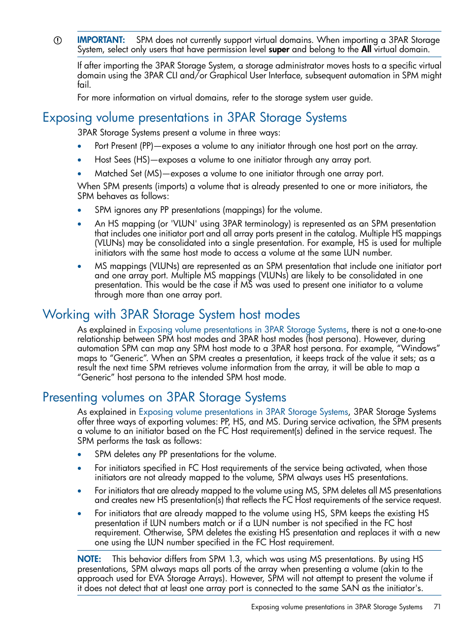 Working with 3par storage system host modes, Presenting volumes on 3par storage systems | HP Matrix Operating Environment Software User Manual | Page 71 / 107