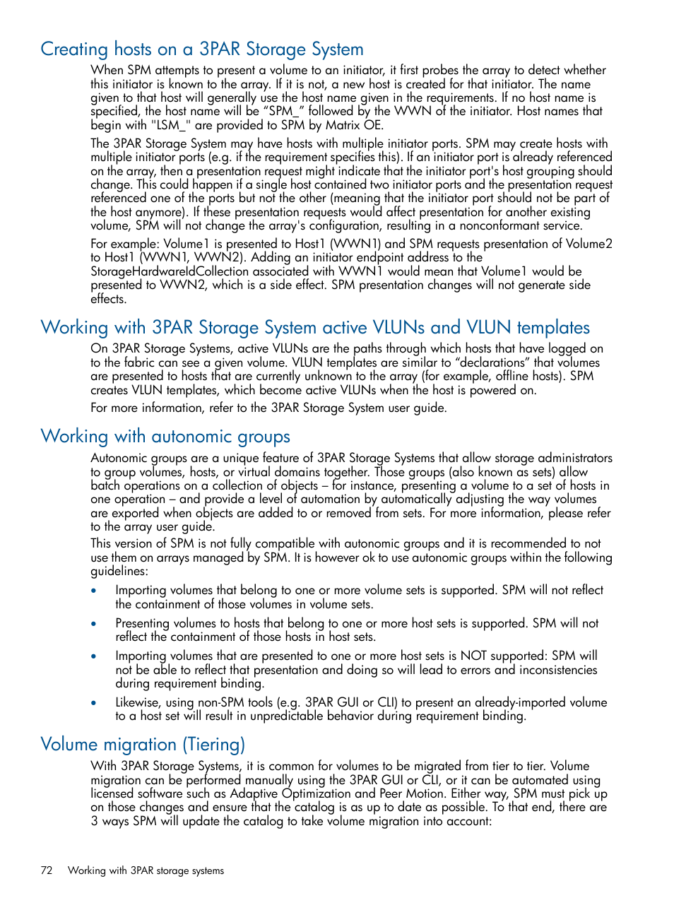 Creating hosts on a 3par storage system, Working with autonomic groups, Volume migration (tiering) | HP Matrix Operating Environment Software User Manual | Page 72 / 107