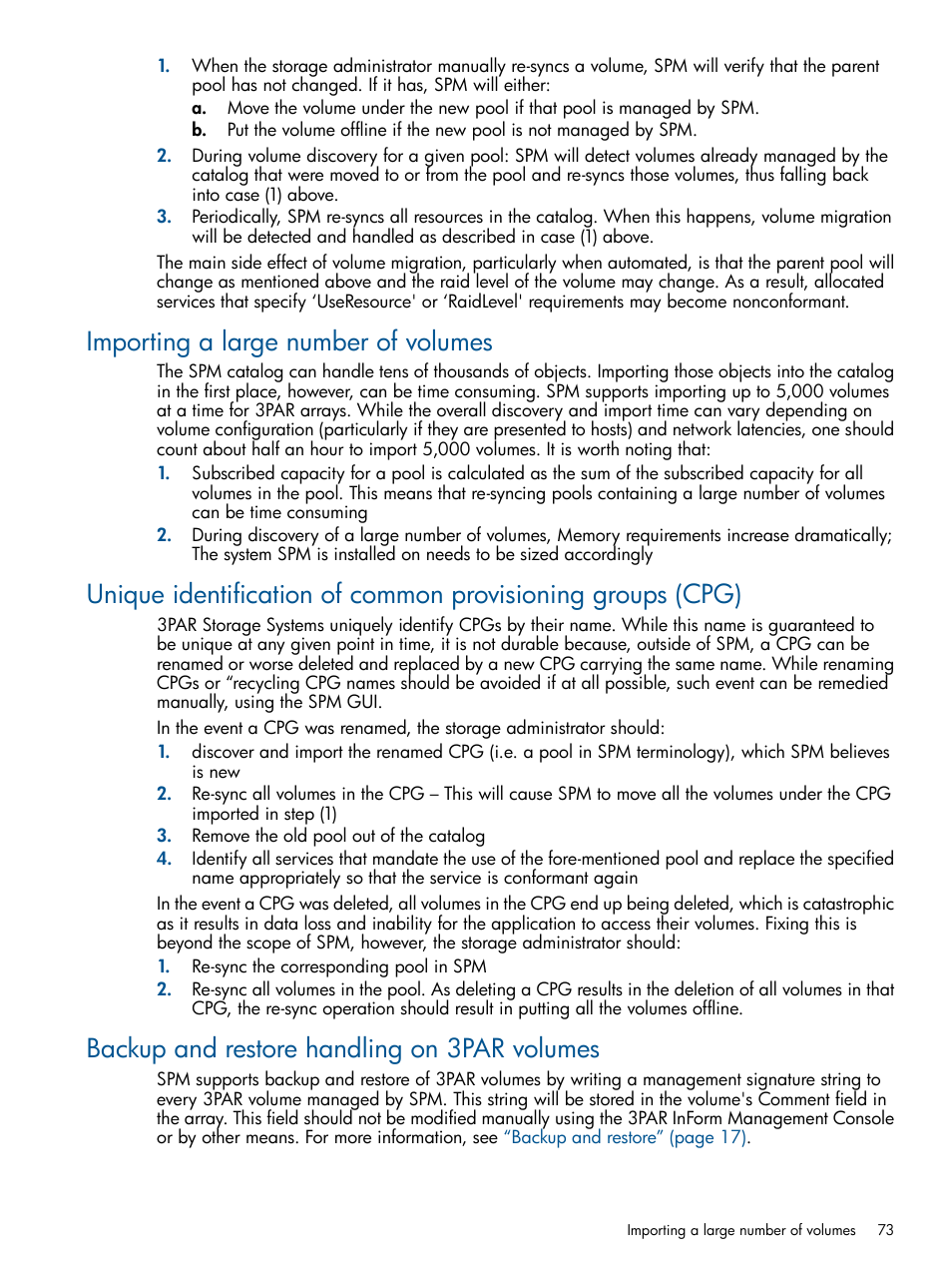 Importing a large number of volumes, Backup and restore handling on 3par volumes | HP Matrix Operating Environment Software User Manual | Page 73 / 107