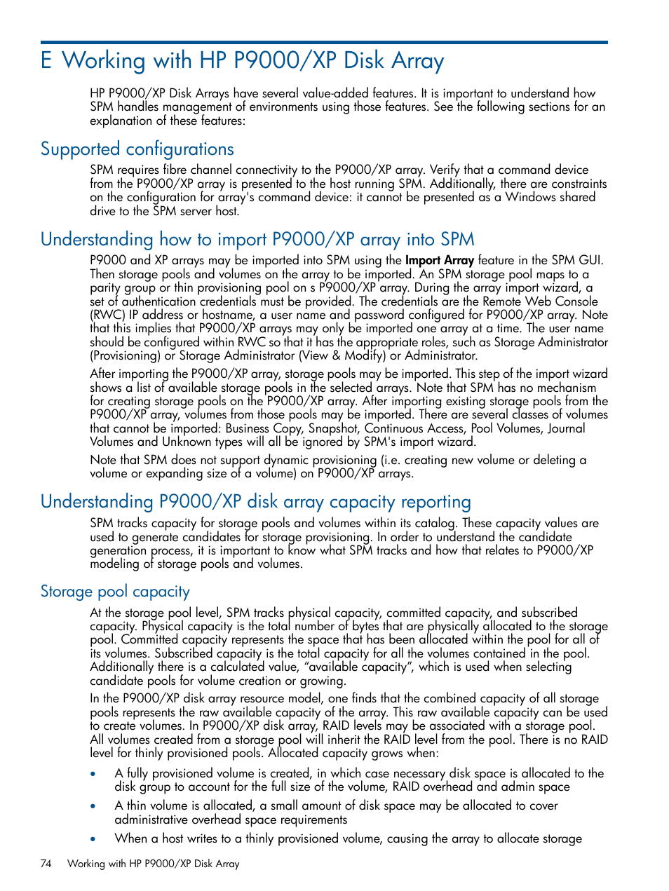 E working with hp p9000/xp disk array, Supported configurations, Storage pool capacity | Working with hp p9000/xp disk array | HP Matrix Operating Environment Software User Manual | Page 74 / 107