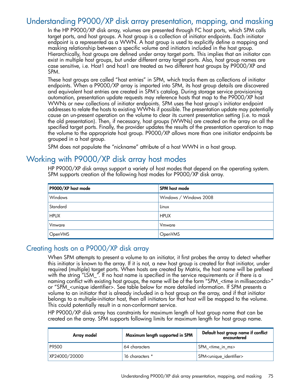 Working with p9000/xp disk array host modes, Creating hosts on a p9000/xp disk array | HP Matrix Operating Environment Software User Manual | Page 75 / 107