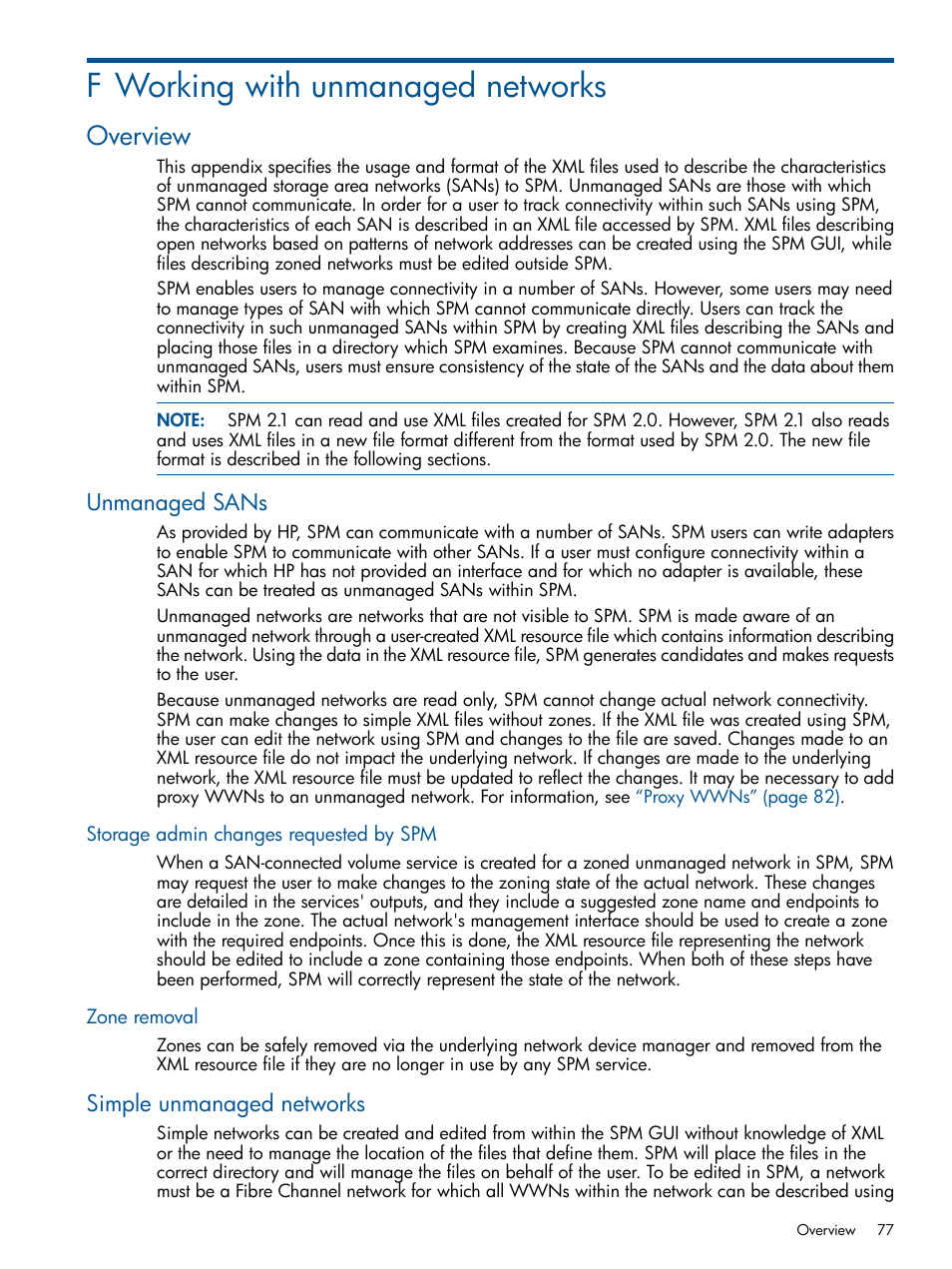 F working with unmanaged networks, Overview, Unmanaged sans | Storage admin changes requested by spm, Zone removal, Simple unmanaged networks, Working with unmanaged networks, Working, With unmanaged networks | HP Matrix Operating Environment Software User Manual | Page 77 / 107