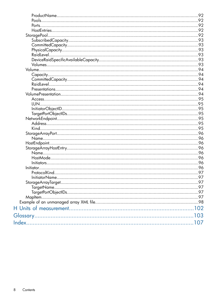 H units of measurement glossary index | HP Matrix Operating Environment Software User Manual | Page 8 / 107