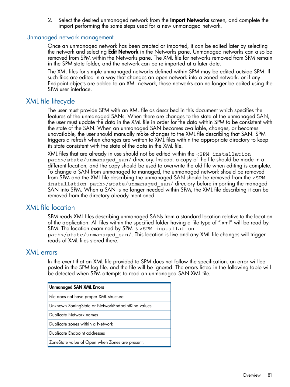 Unmanaged network management, Xml file lifecycle, Xml file location | Xml errors, Xml file lifecycle xml file location xml errors | HP Matrix Operating Environment Software User Manual | Page 81 / 107
