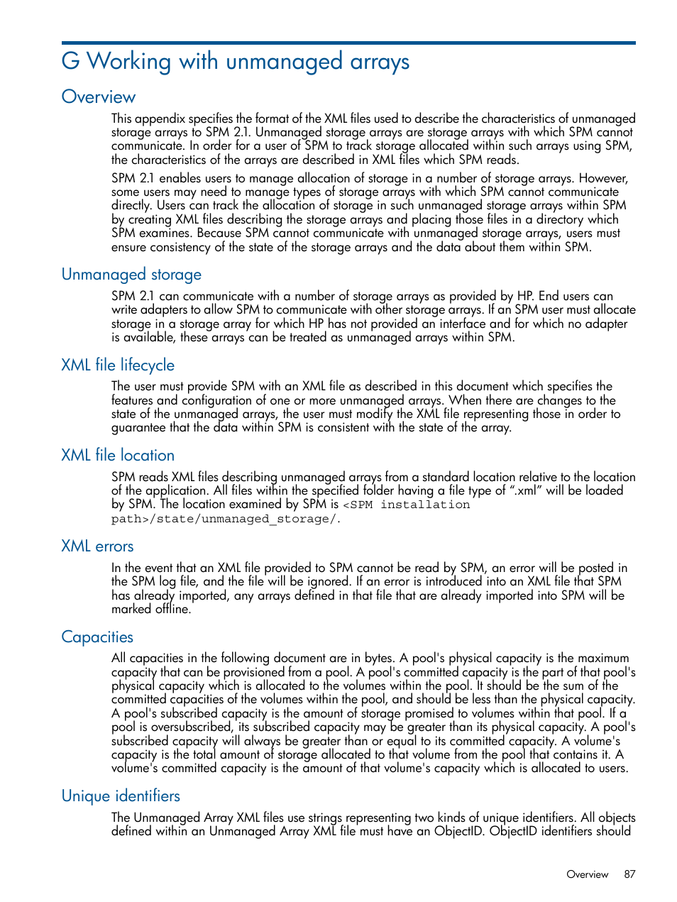 G working with unmanaged arrays, Overview, Unmanaged storage | Xml file lifecycle, Xml file location, Xml errors, Capacities, Unique identifiers, Working with, Unmanaged arrays | HP Matrix Operating Environment Software User Manual | Page 87 / 107