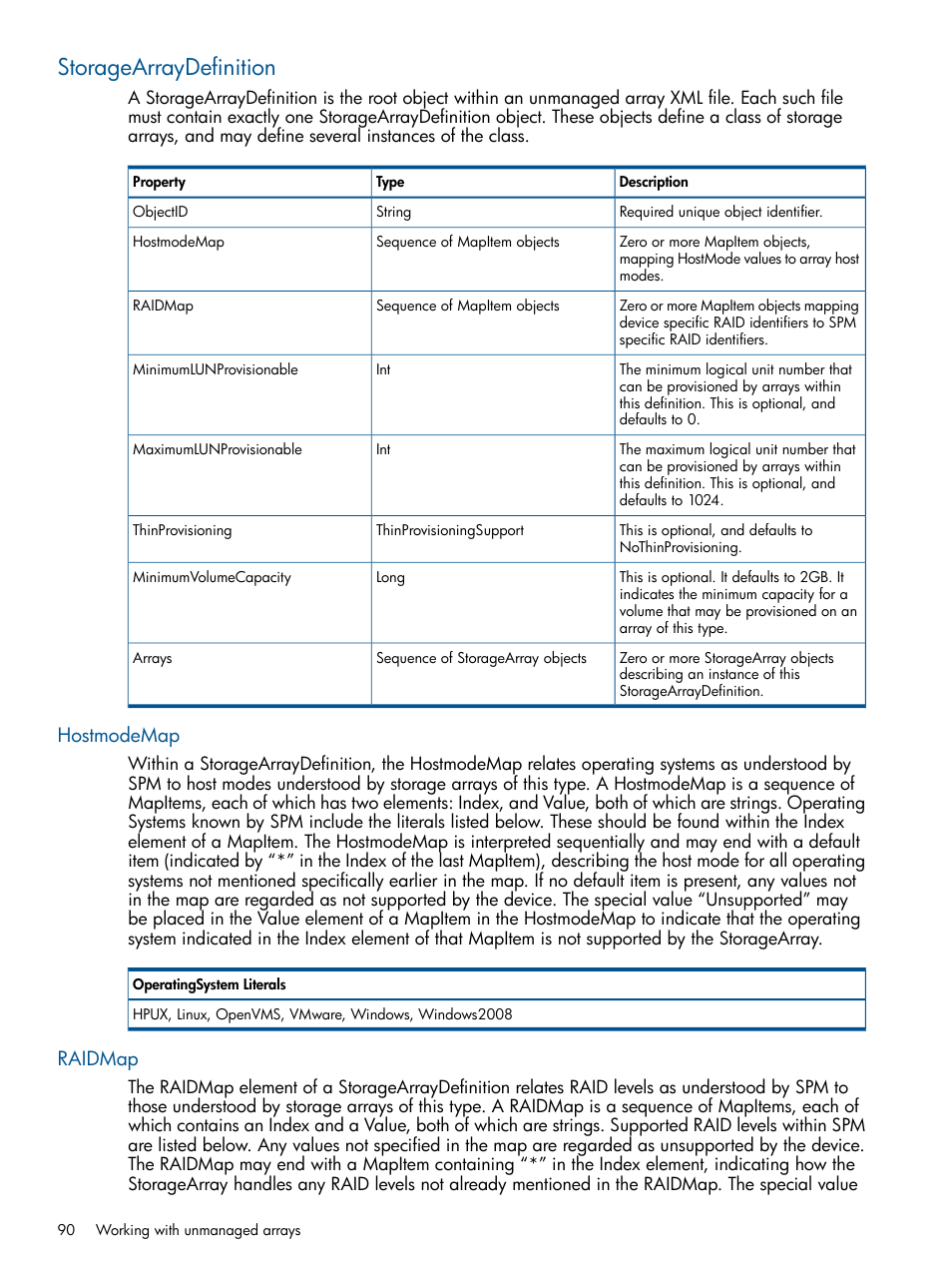 Storagearraydefinition, Hostmodemap, Raidmap | Hostmodemap raidmap | HP Matrix Operating Environment Software User Manual | Page 90 / 107